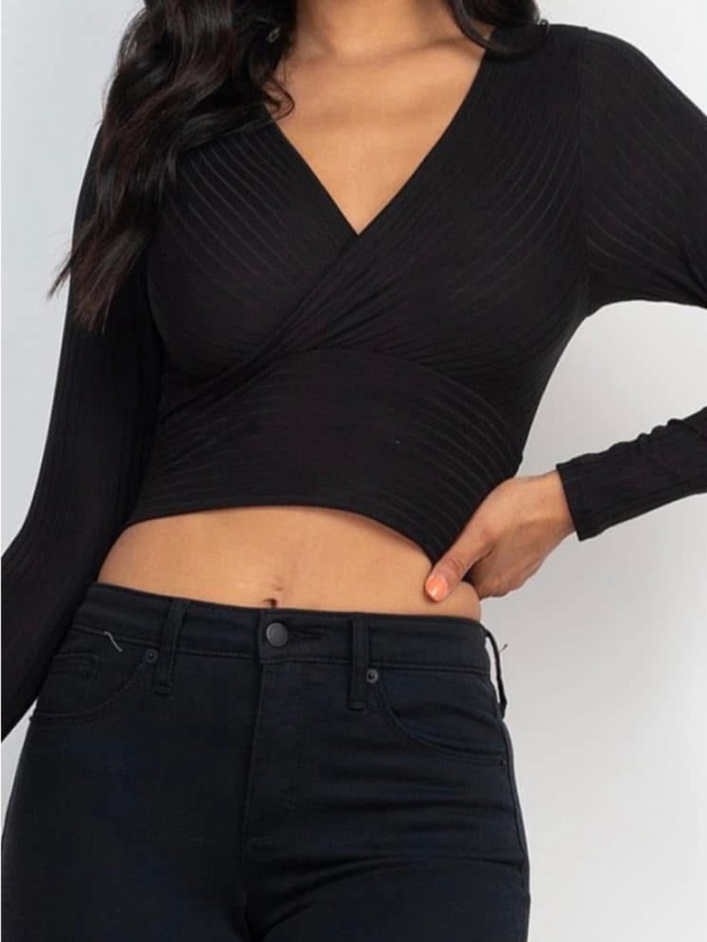 Black Ribbed Long-Sleeve Wrap Crop Top - Women